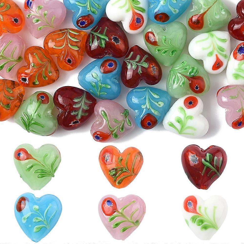 24Pcs 6 Colors Handmade Bumpy Millefiori Glass Beads Heart & Flower Craft Beads