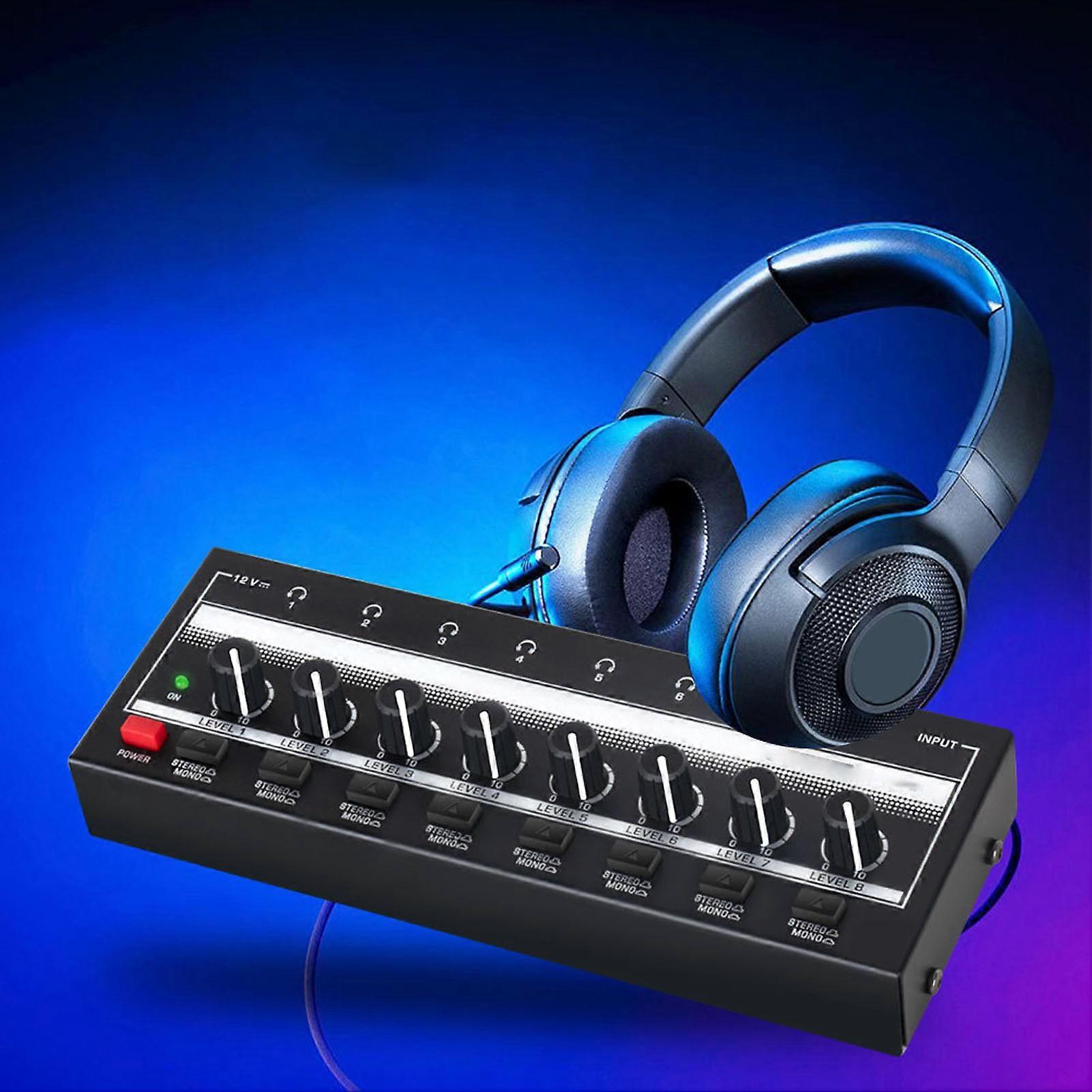 Stereo Headphone Amplifier 8 Output 1 Input Channel Clear Sound Compact Metal Headset Amp for Studio Stage 100‑240V EU Plug 