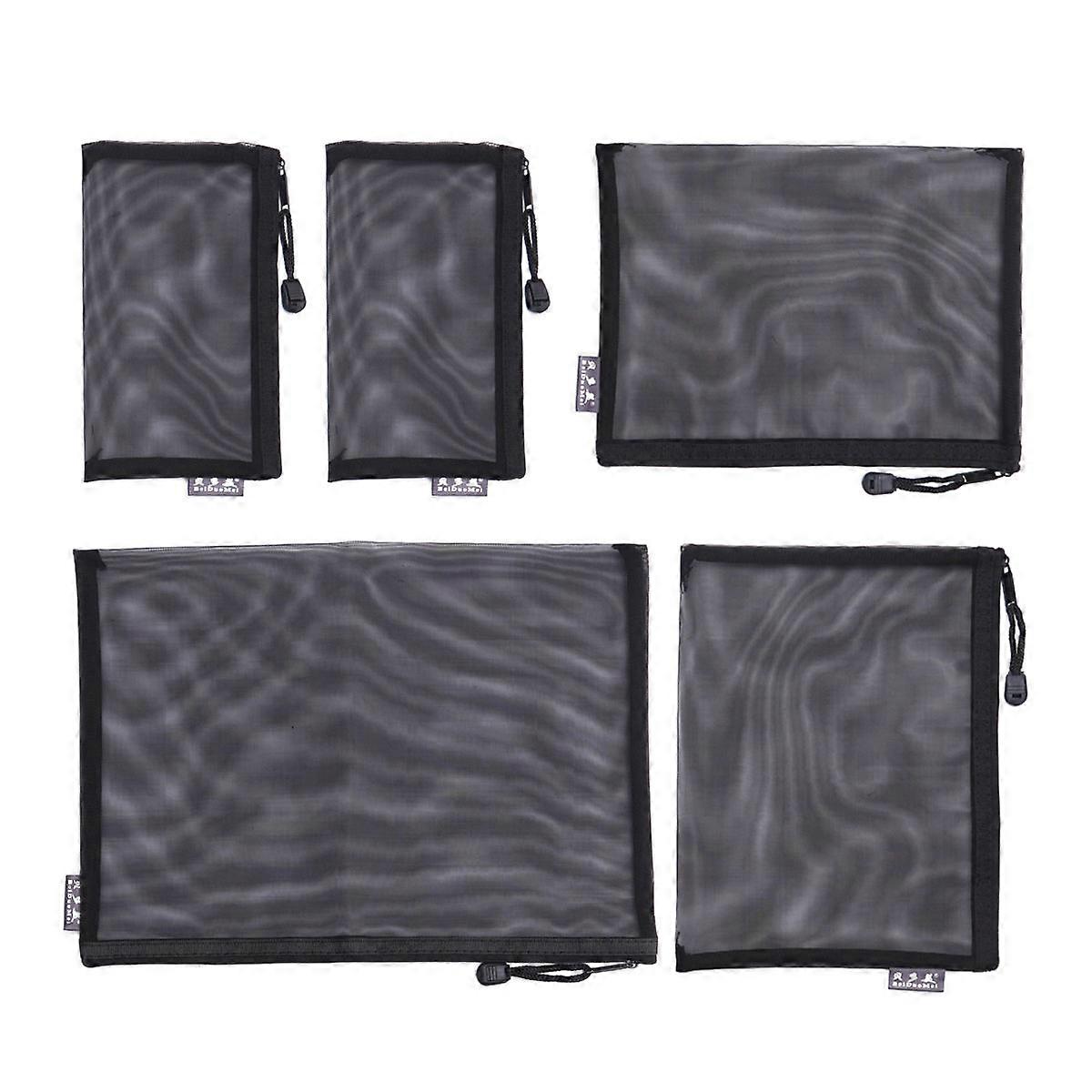 Black Mesh Organizer Bags Rectangular Shape for Office School Supplies A5 Size 5Pcs Portable
