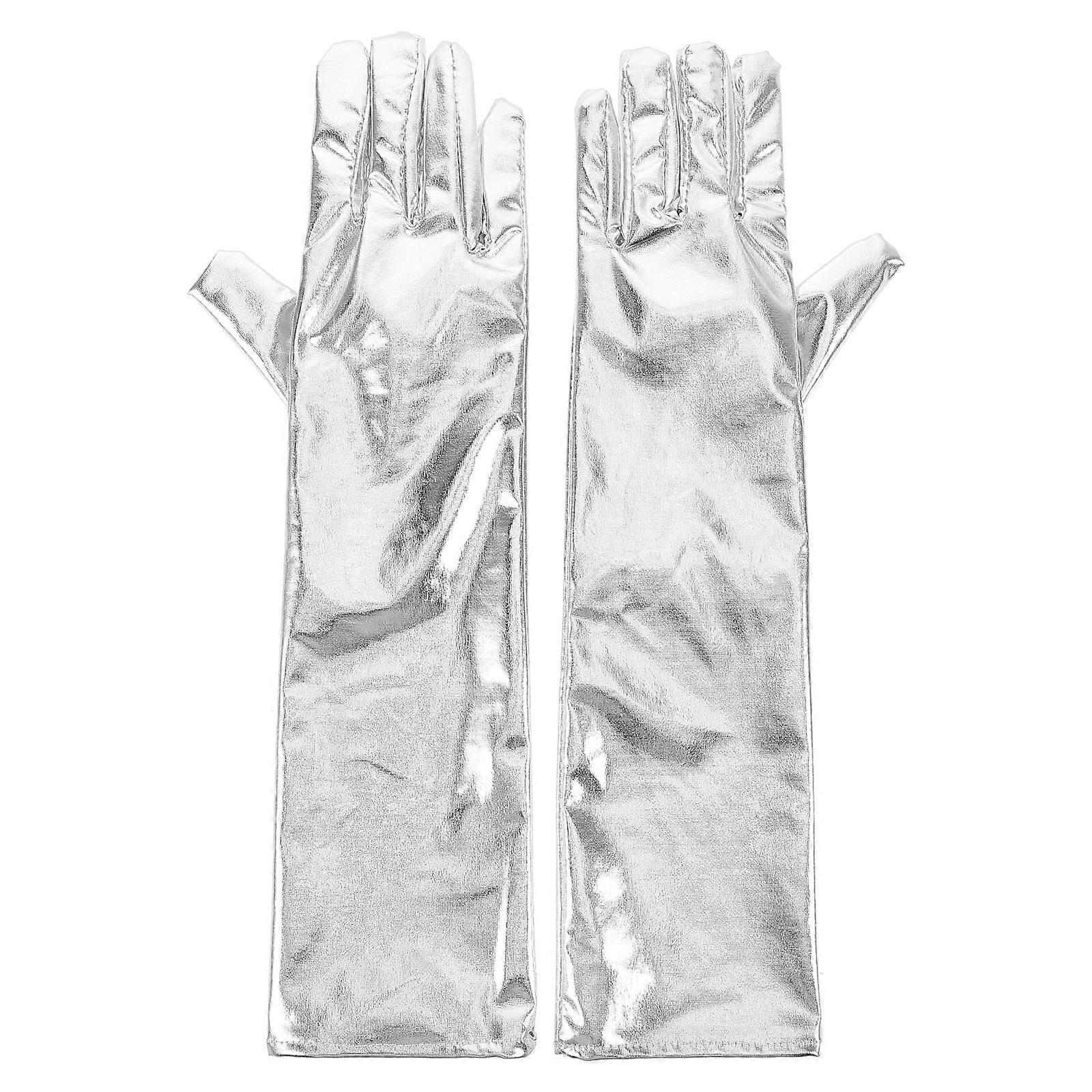 It looks like your message got cut off, but I understand you're referring to **shiny metallic elbow gloves** and **elegant costume accessories** for