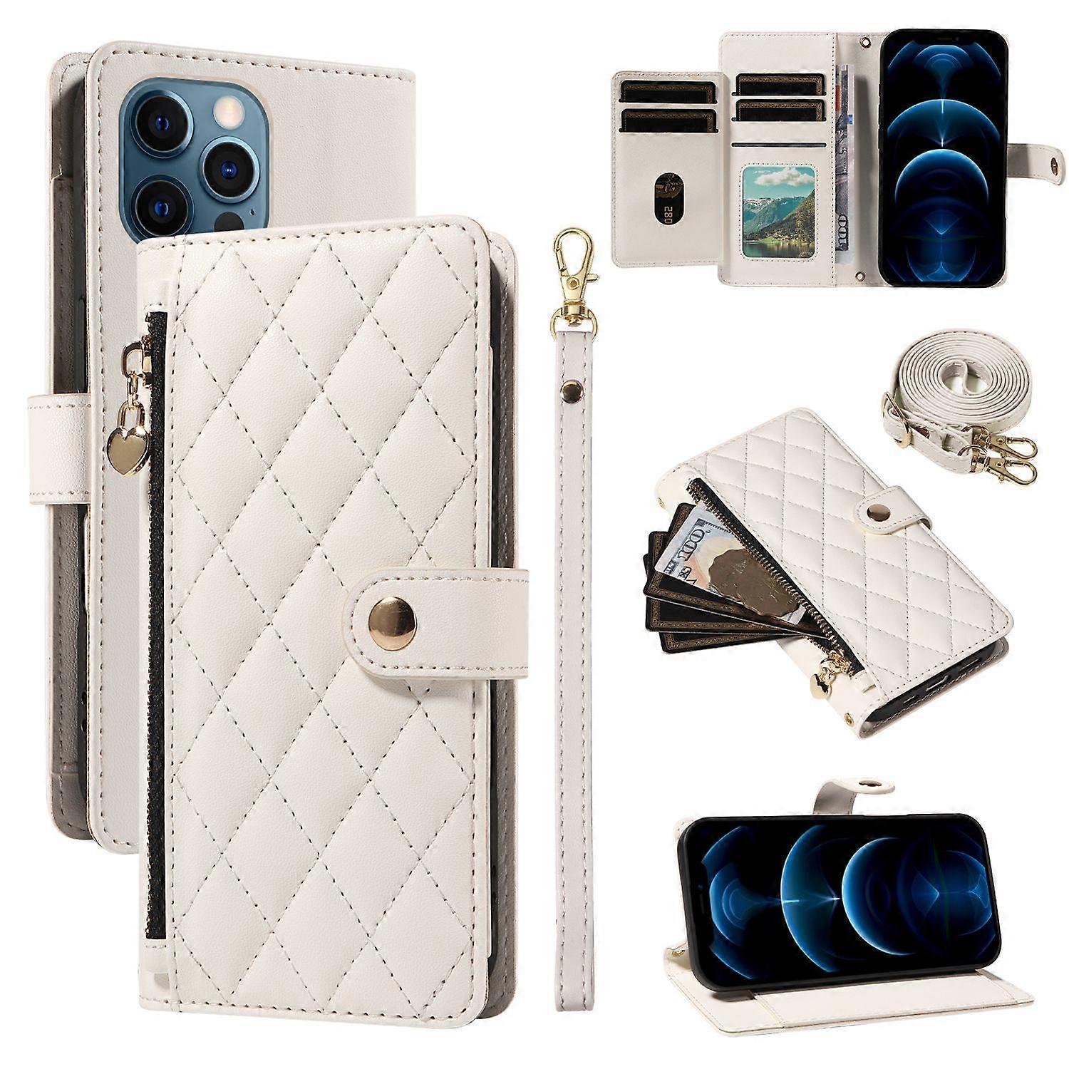 Case for iPhone 13 Pro Max Shockproof Premium Zipper Pocket Wallet Card Holder Leather Cover with Detachable Wrist and Shoulder Strap Compatible with 