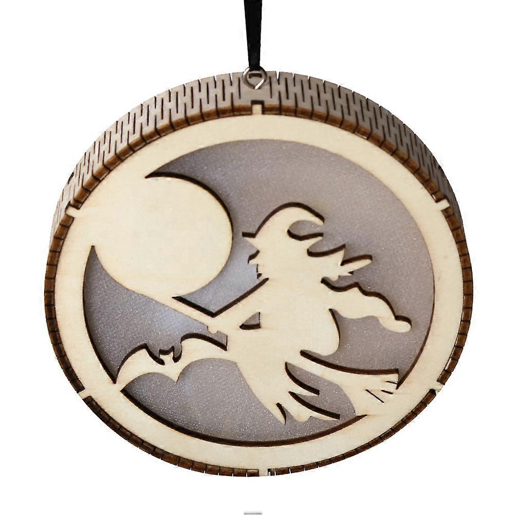 Decorative Halloween Lights Wooden LED Light Round Hollow Witch Hanging Decor Lamp For Home Party And Mall 1Pack Beige 11.5X2.2CM