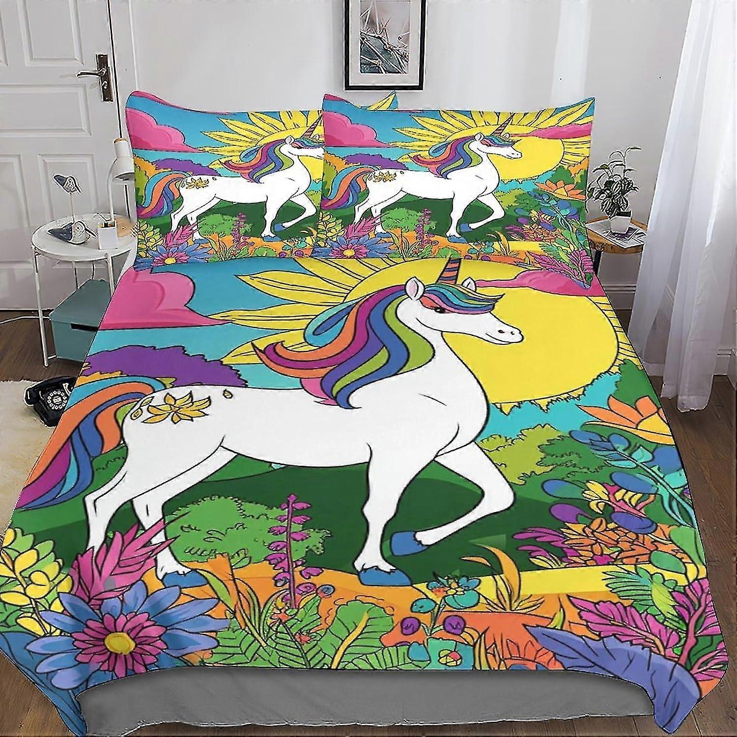 Cute Unicorn 3-piece Duvet Cover Set with 3D Print Colorful Kawaii Design and Microfiber Material