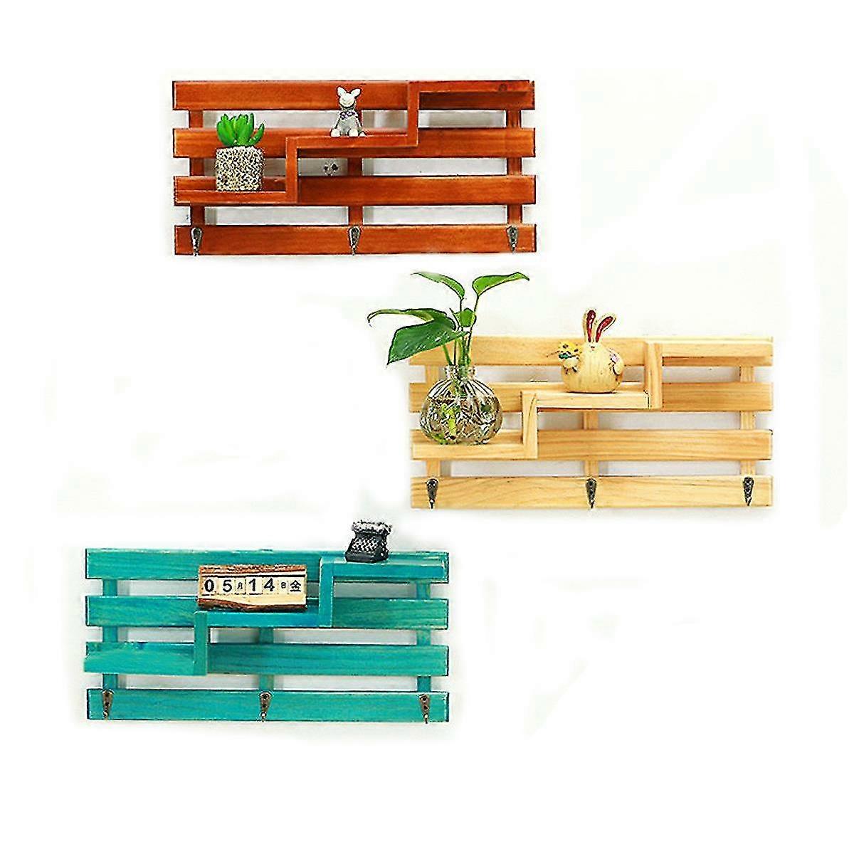 Vintage Wooden Wall Mounted Shelf With 3 Hanger Hooks - Rustic Floating Rack