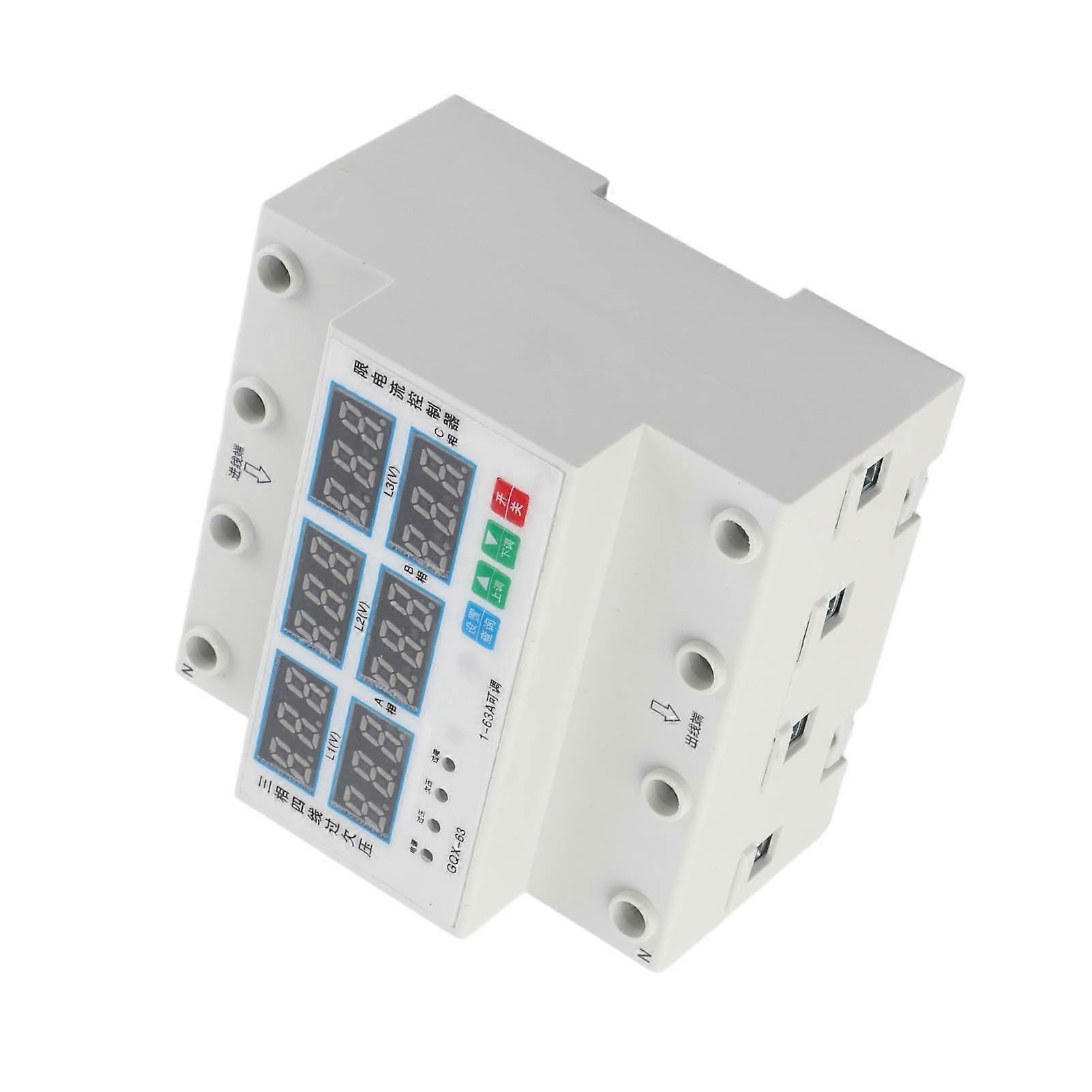 3 Phase DIN Rail Voltmeter Ammeter Adjustable Overvoltage Undervoltage Overcurrent Protector 63A AC390‑500V