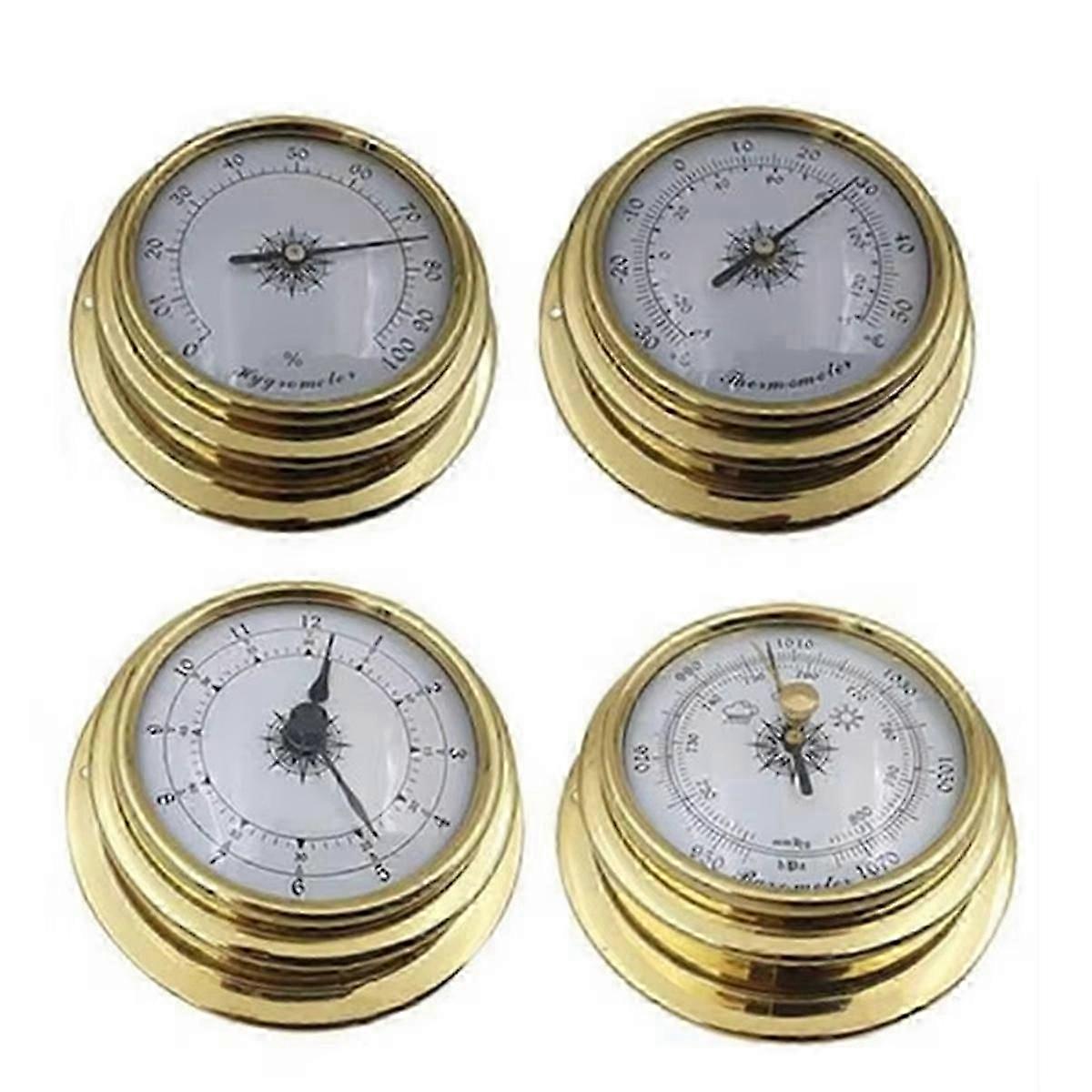 4 stk. båtbarometer, klokke, termometer, hygrometer, værstasjon, veggmontering, type messing, for C