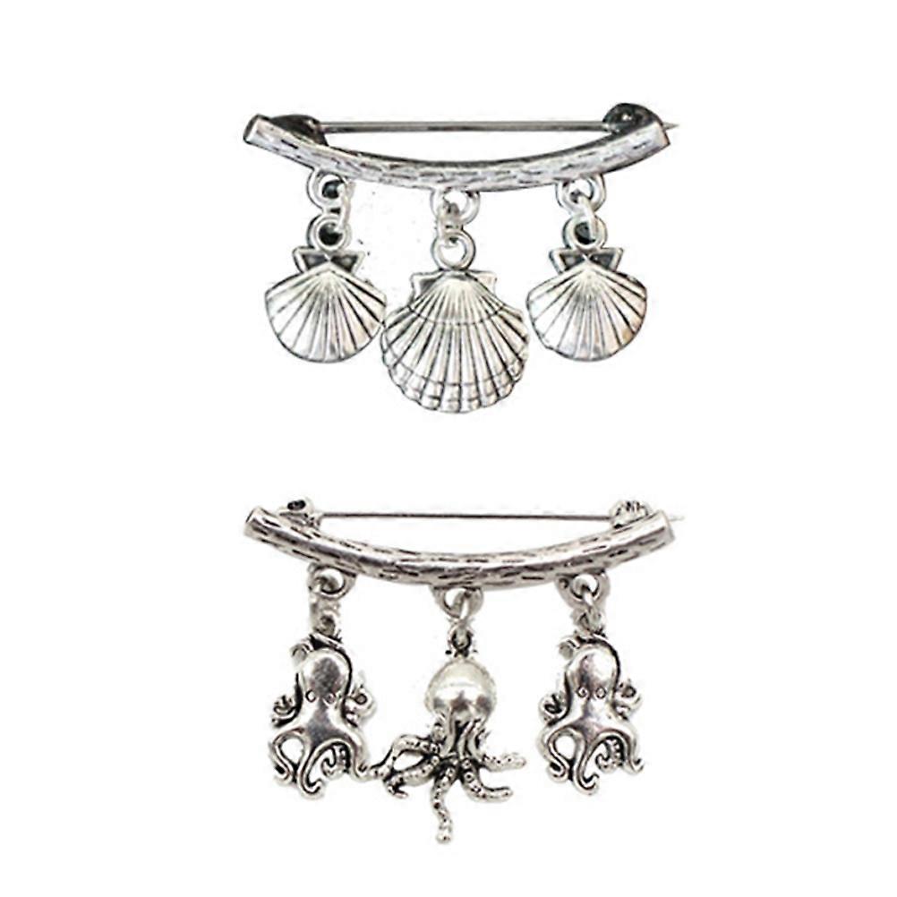 Shell Octopus Brooches Chest Pin Accessories for Clothes Use 2Pcs Silver
