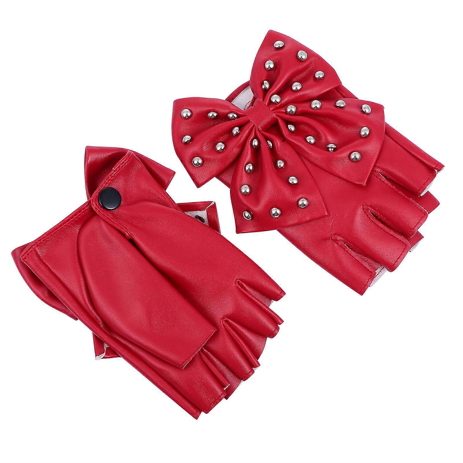 1 Pair of Women's Rivet Bow Knot Half Finger Gloves for Christmas Performance