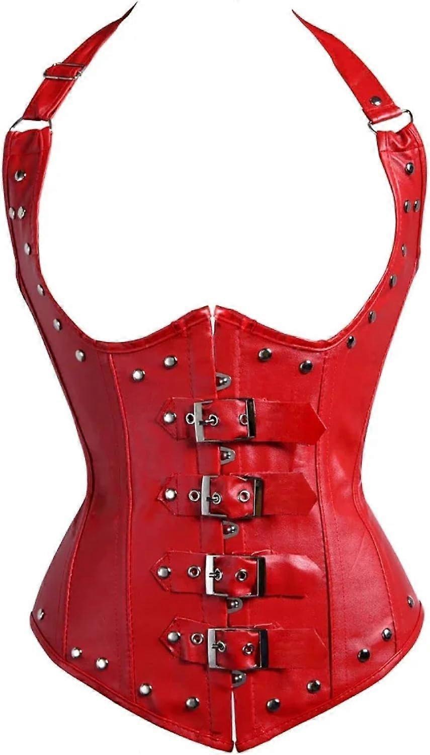 Women's Steampunk Corset Leather Underbust Plus Size Bustiers 2824Red 3XL