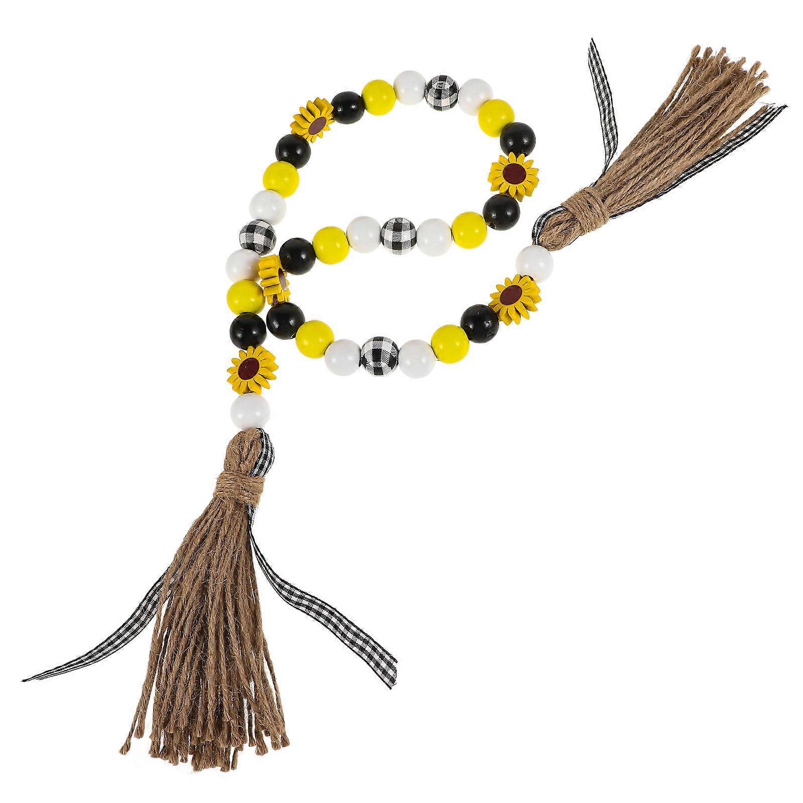 Rustic Farmhouse Wood Bead Garland with Sunflower Pattern and Tassels for Home Decor Multi 70 Inches