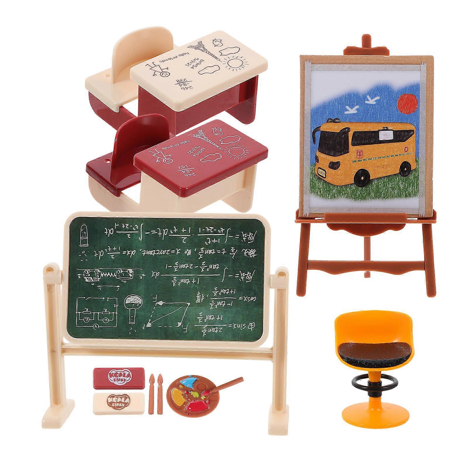 Miniature Classroom Decor Set – Realistic Scale Dollhouse Accessories with Chairs and Chalkboard for DIY Craft and Desktop Decoration