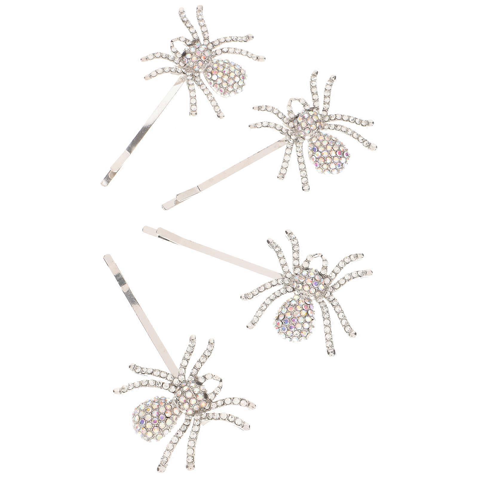 2 Pairs Funny Hair Clips Vintage Spider Barrettes Halloween Rhinestone Silver Decorations