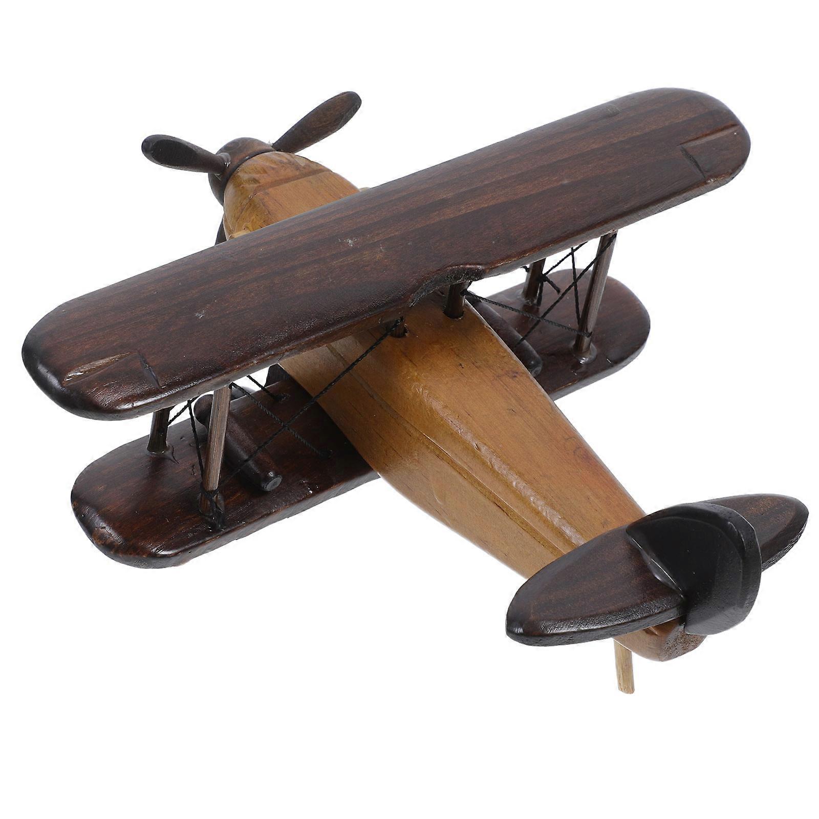 Vintage Wooden Airplane Model Retro Wood Craft Plane Ornament Rustic Handmade Desktop Decoration Home Office Display