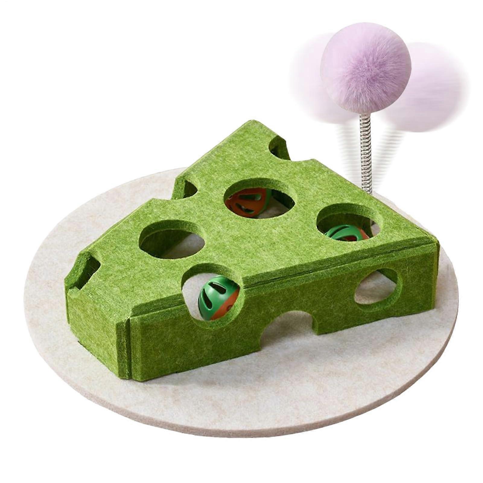 Cat Puzzle Toy Cheese-Shaped Treat Dispenser, 8.66 x 7.87 Inch Interactive Box, Built-In Teaser Wand, For Cats