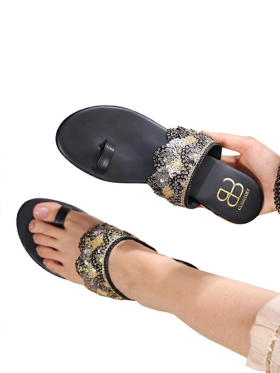 Glam Story Women's ZARA Embellished Black Vegan Leather Kolha Chappals