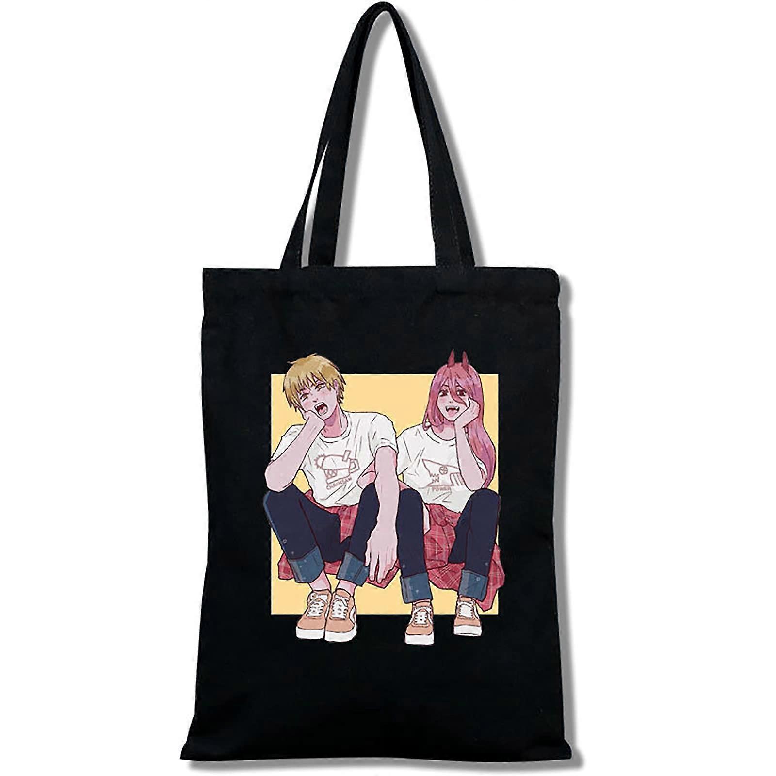 Chainsaw Man Canvas Tote Bags – Denji Makima Power Aki Shoulder Bag, Reusable Shopping Bag, Casual School Daily Canvas Bags with Zip