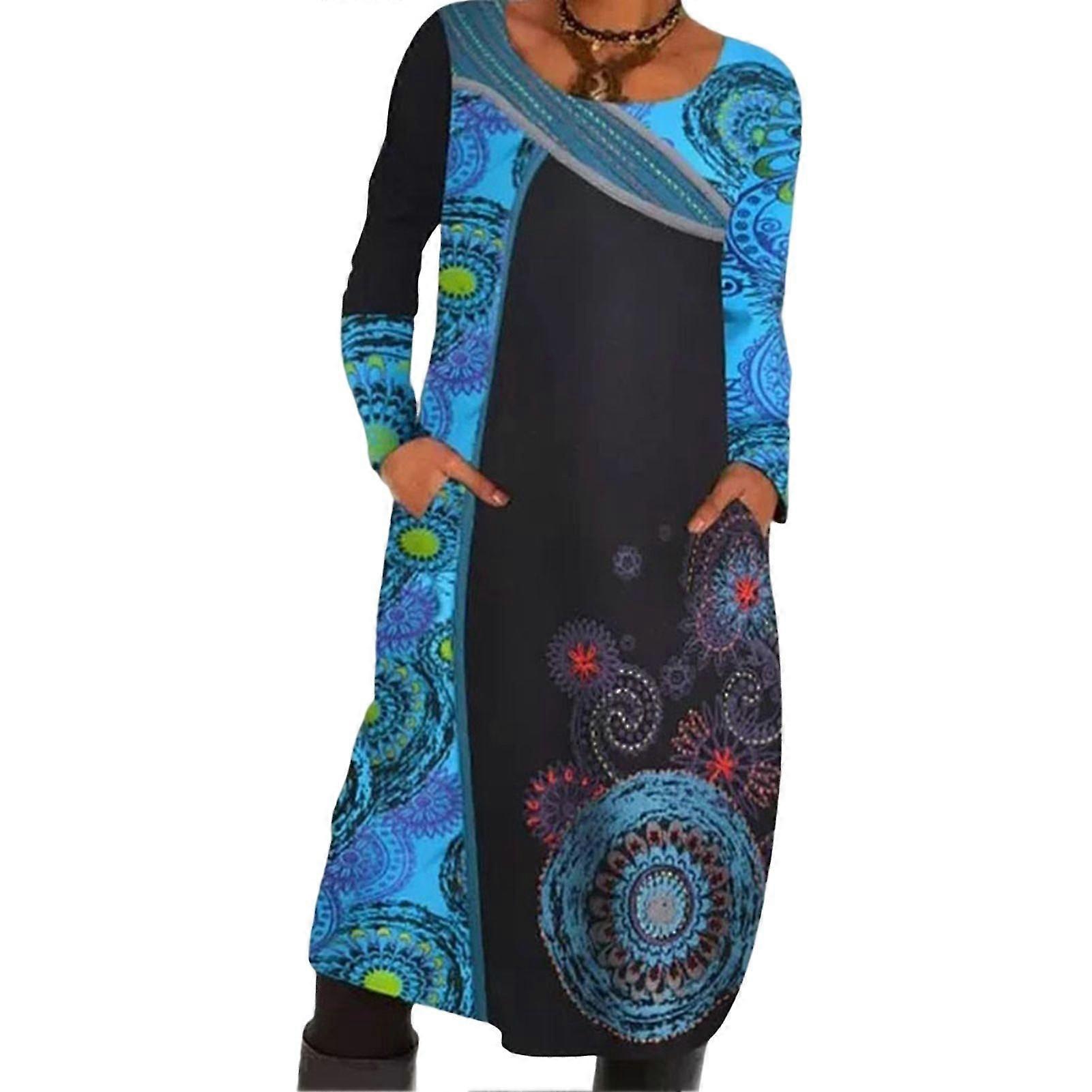Damen Ethno Style Bedrucktes Kleid, Casual Plus Size, Langarm