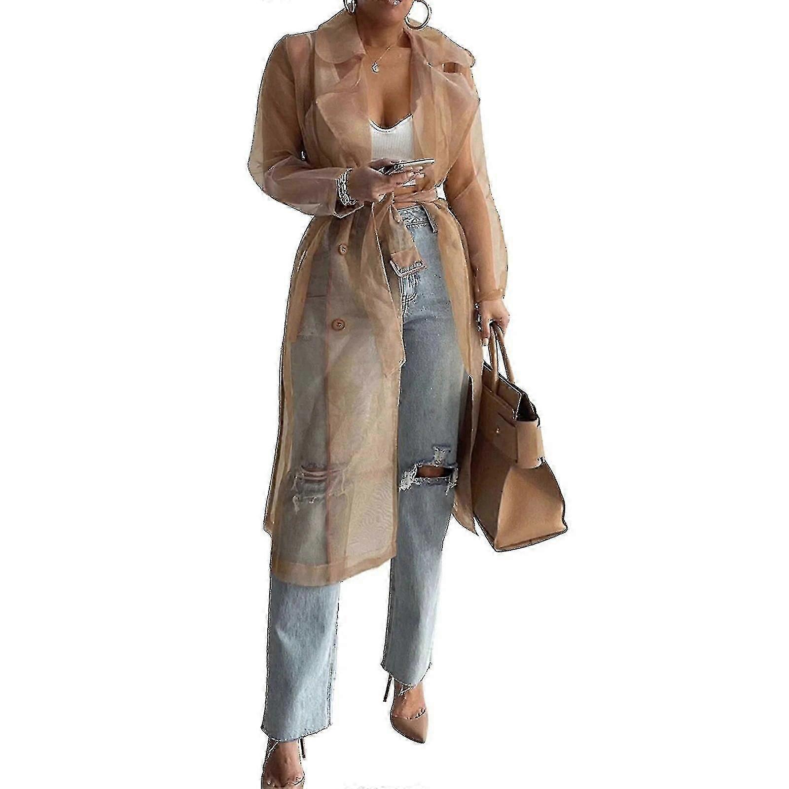 Womens Fashion See Through Organza Long Sleeve Breasted Button Mesh Coat With Removable Belt Elegant Woman's Clothes