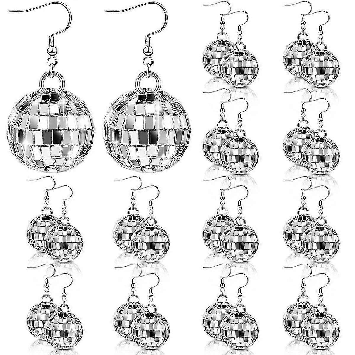 12 paia di orecchini a sfera a specchio d'argento per le donne, accessori da discoteca degli anni '60 e '70