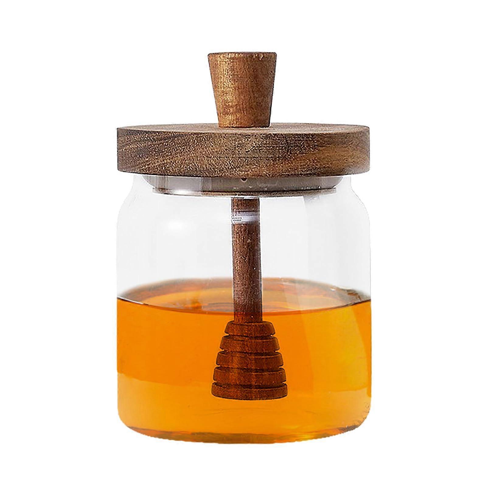 Honey Jar With Wooden Lid, 500ml Glass Container, Airtight Syrup Dispenser For Kitchen, Keeps Honey Fresh