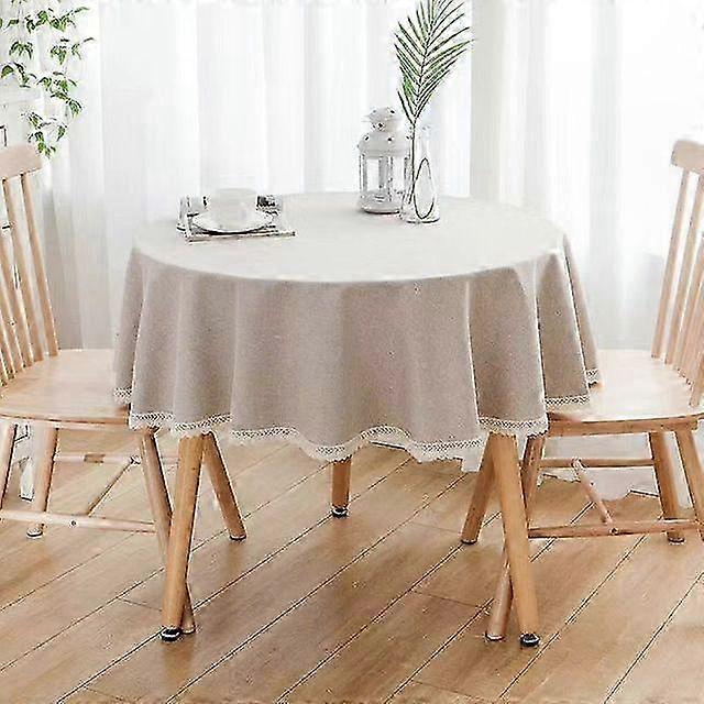 Solid Color Round Tablecloth with Lace Border - Cotton Linen Fabric for Dining Decor