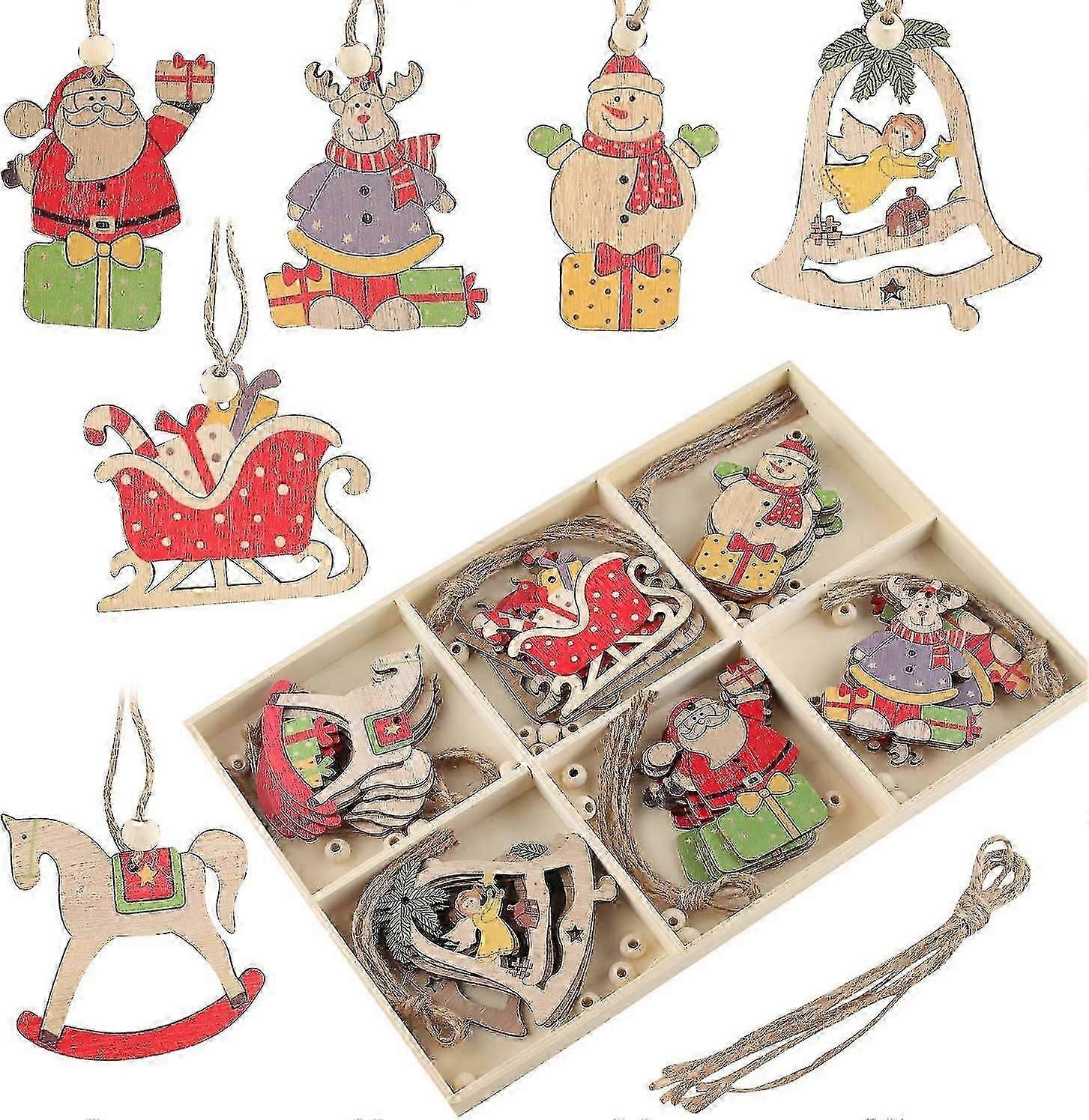 Waterzx木製クリスマスツリー吊り下げ装飾、クリスマス木製吊り下げ飾り、カラフルな装飾ウッドチップセット、6コンパートメント収納BO付き