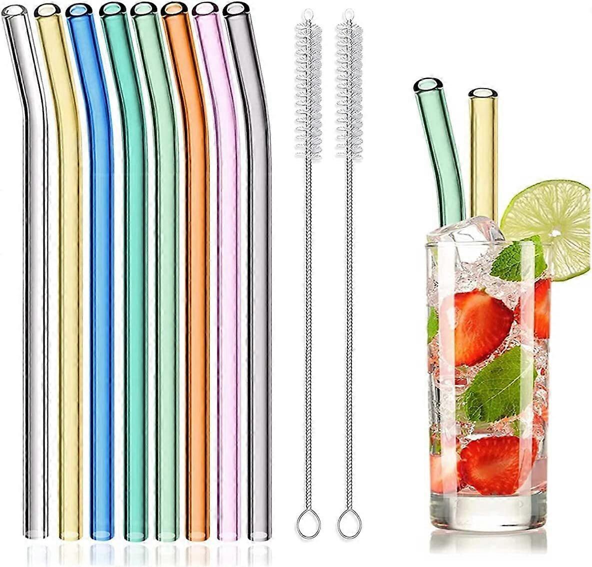 Reusable Glass Straw 8 Pack, Shatter Resistant 8" Bent Straws with 2 Brushes, Eco-Friendly for Smoothies, Juice, Tea