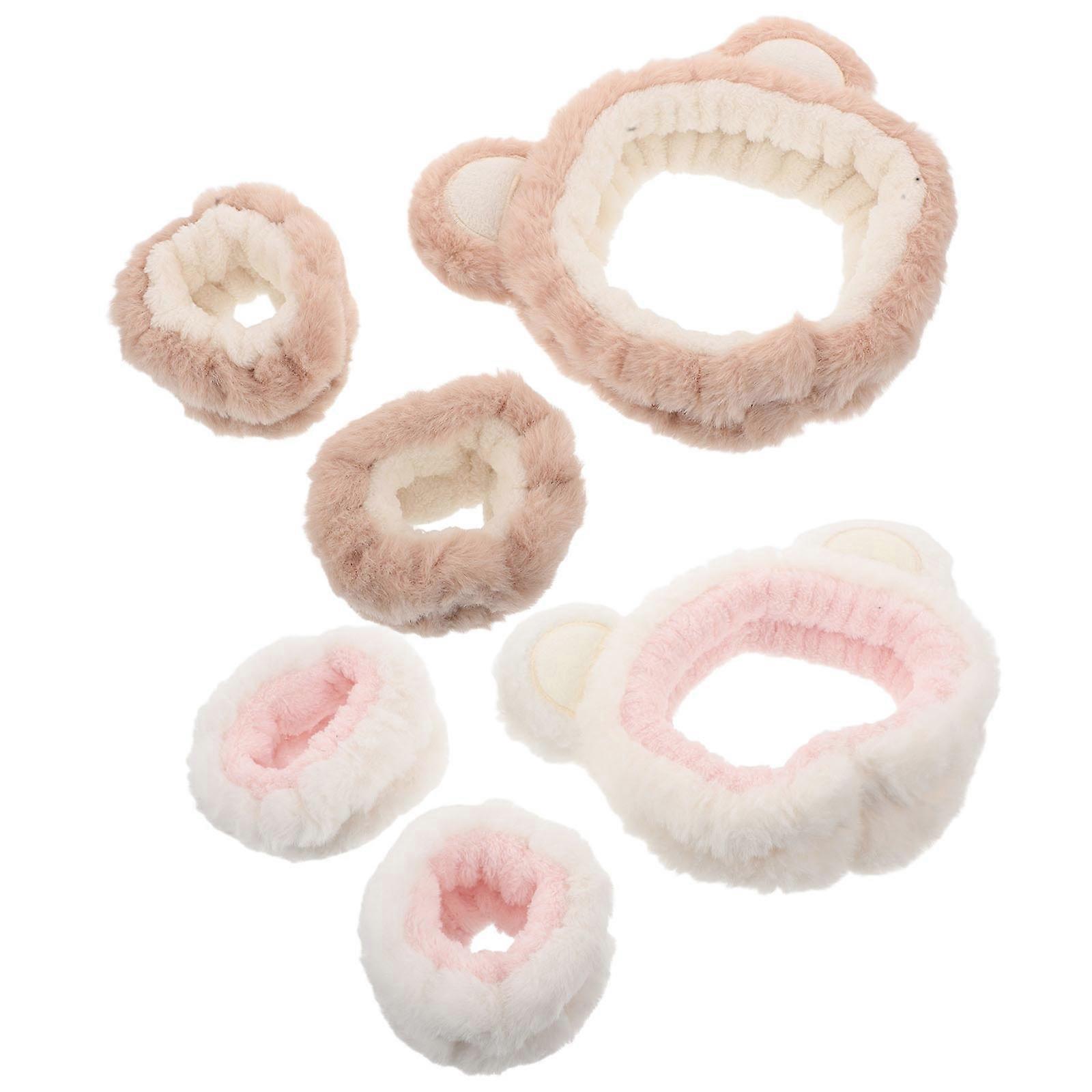 Bear Ears Plush Headband and Wristband Set for Face Washing 3Sets