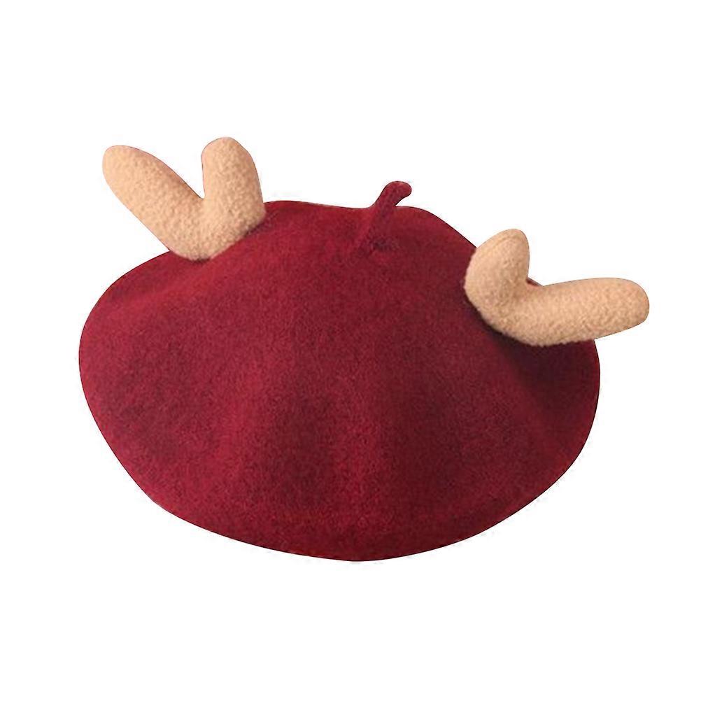 Wool Beret Hat Painter Hat for Wearing with Decorative Antlers 2Pcs