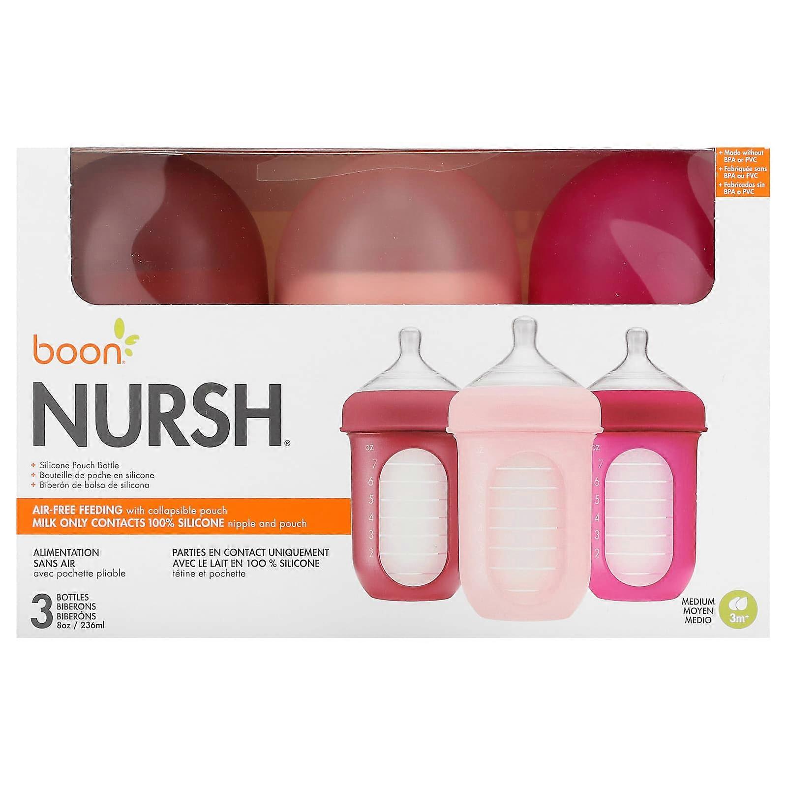Nursh, Silicone Pouch Bottle, 3m+, Medium, 3 Bottles, 8 oz (236 ml) Each