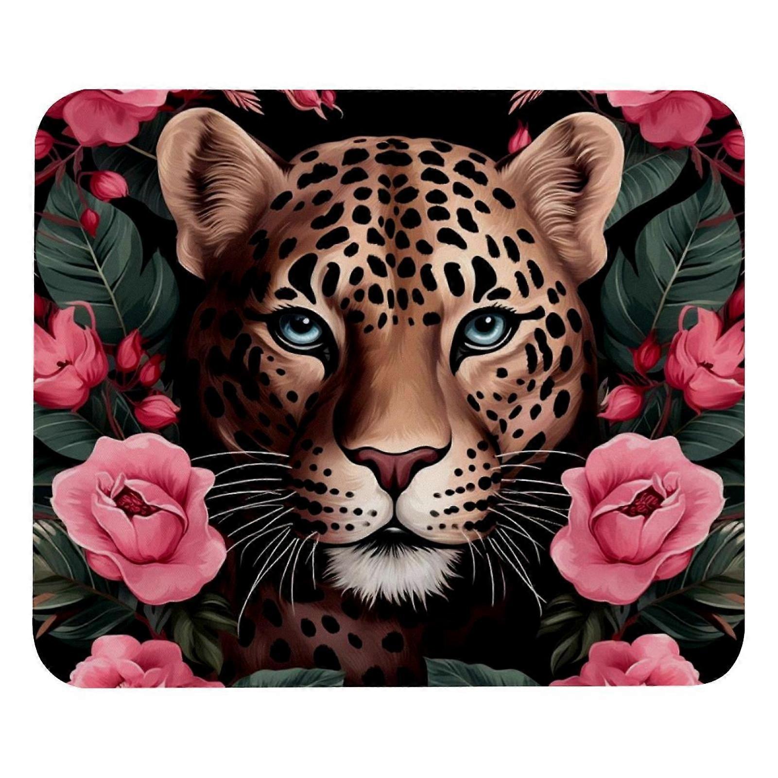 Small Desk Mat with Roses, Leaves & Leopard Print, Rubber Base Mousepad Compatible with Gaming, Office, Home