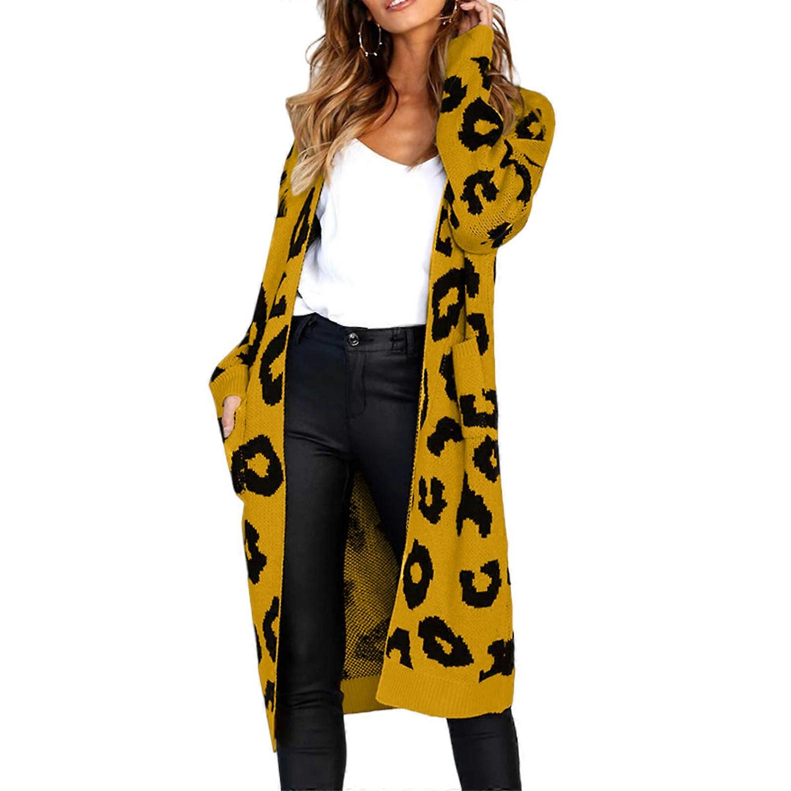 Oversized Women's Leopard Print Cardigan with Front Opening  Yellow XL