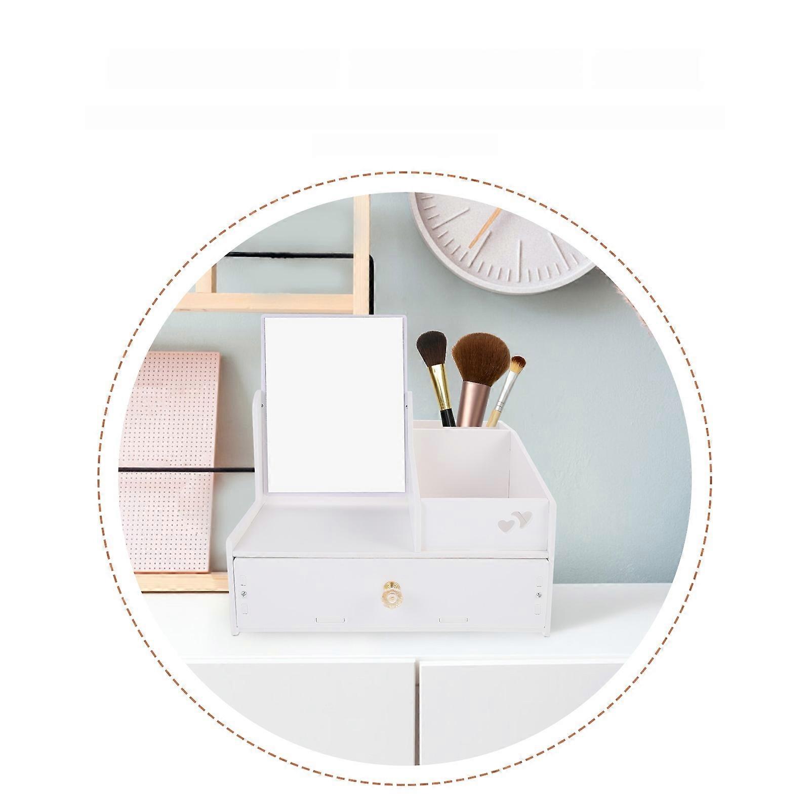 White Storage Box with Mirror for Home Cosmetics Drawer Organizer