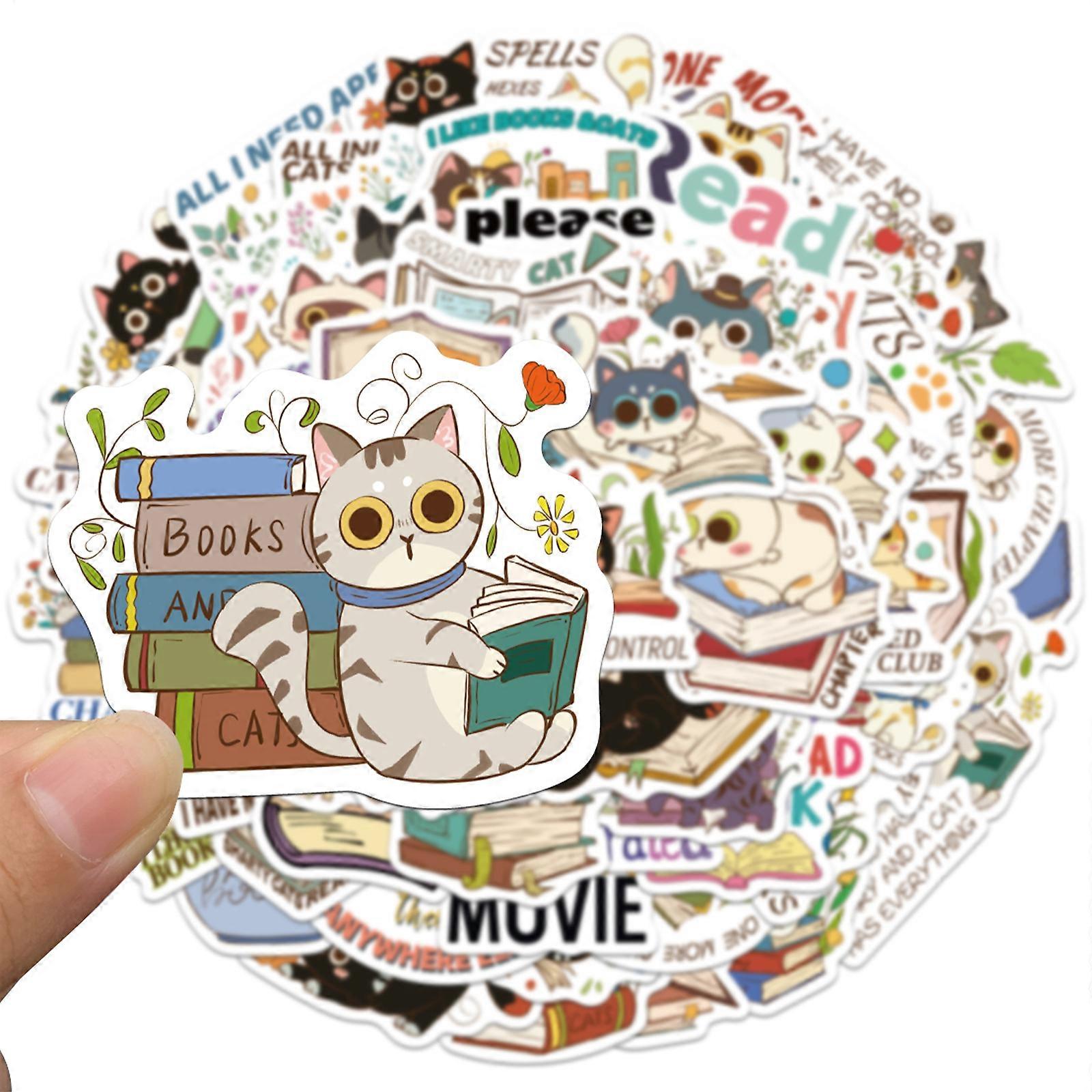 50 Cat Reading Stickers for DIY Decoration of Tablets, Notebooks, and Journals