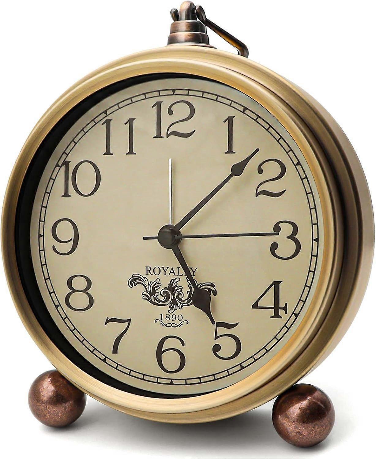 Metal Golden Table Clock, Retro Vintage Non-Ticking Small Alarm Clock,Battery Operated Silent Quartz