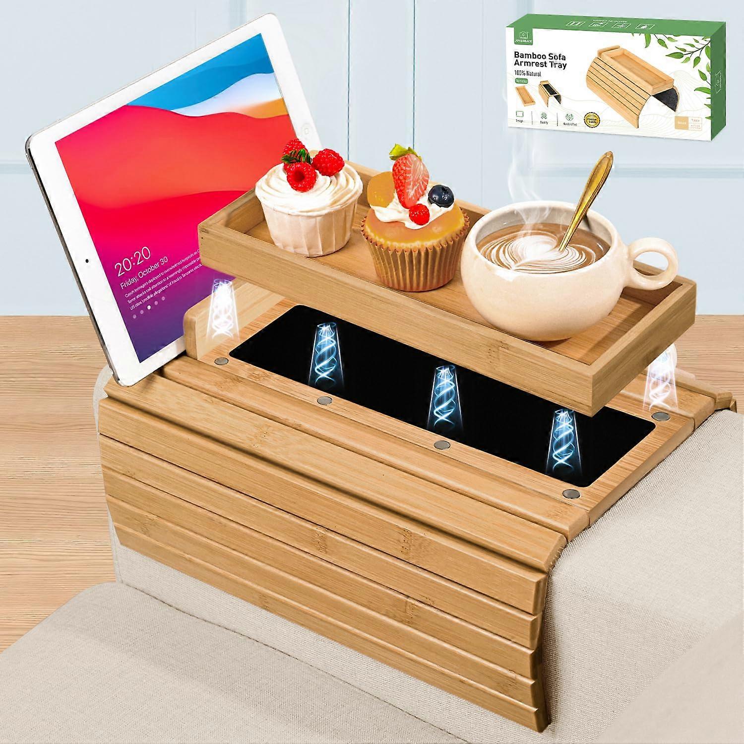 Bamboo Couch Arm Tray with Cup and Device Holder, Magnetic 3in1 Adjustable Sofa Armrest Table