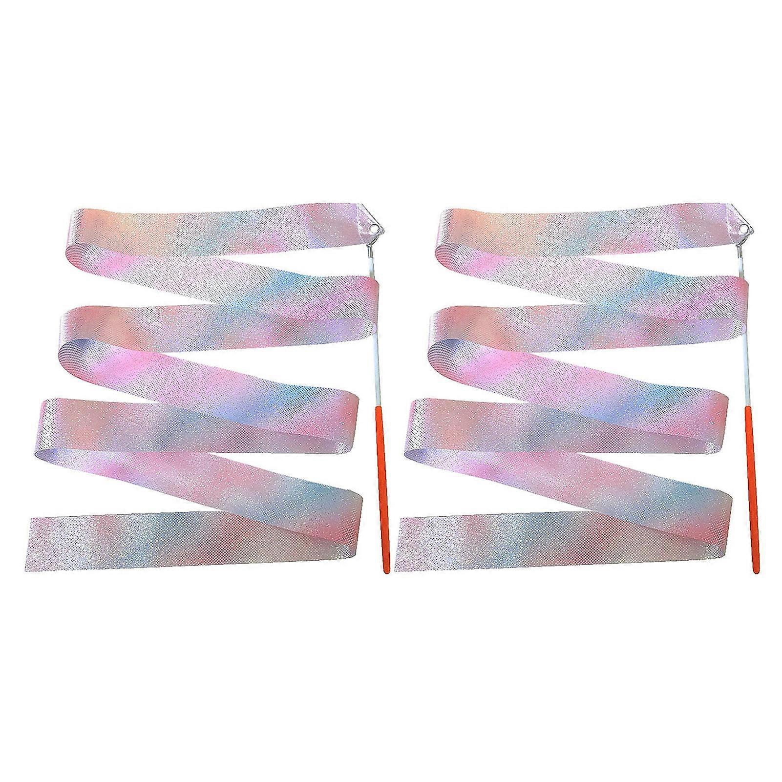 Iaukyu 2Pcs Sparkling Satin Gymnastic Ribbons with Wand, Extra Soft & Flexible, Comfortable Grip for Kids Rhythmic Dance Training