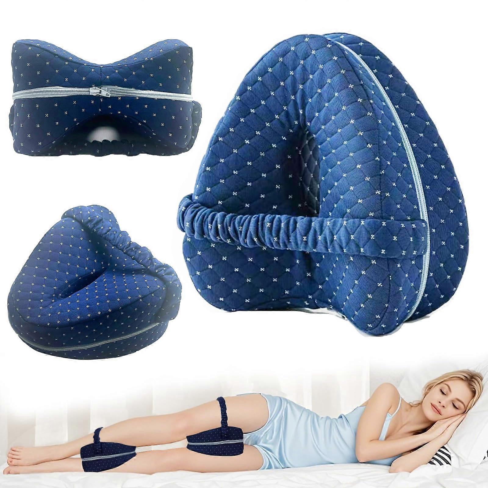 Side Sleeper Pillow with Memory Foam Knee Support, Ergonomic Heart Shape, Adjustable Straps, Grid Blue