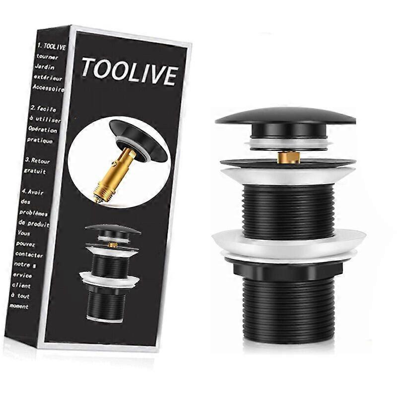 Universal black sink drain without overflow, automatic pop-up for countertop washbasin.
