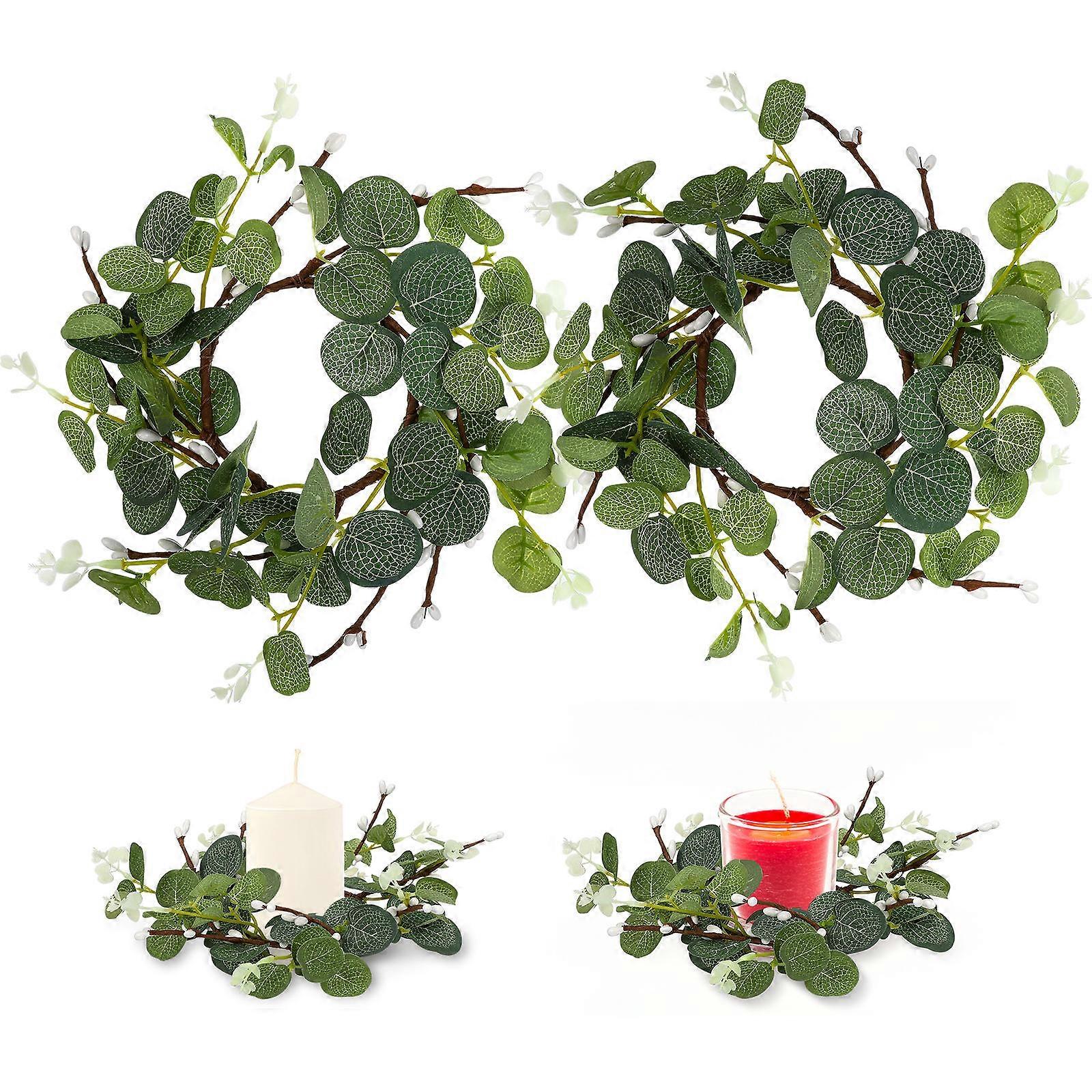 Eucalyptus Wreath Candle Ring for Decor 2Pcs Artificial Simulation Leaves