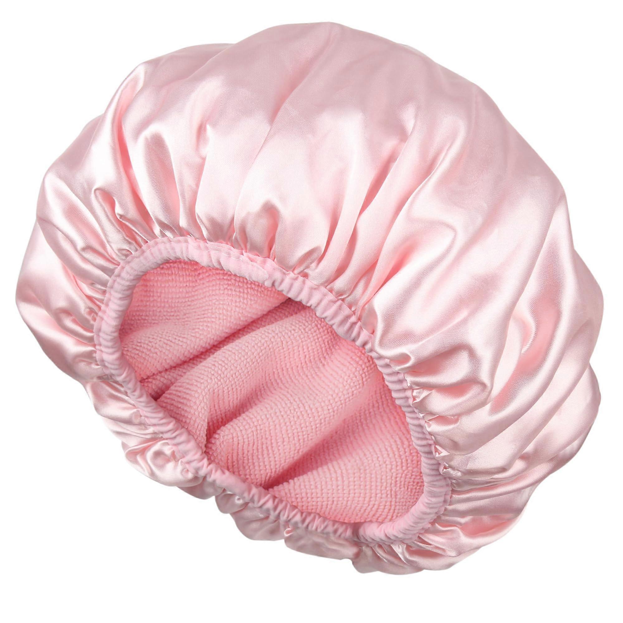 Waterproof Shower Cap Triple Layer for Long Hair Pink Microfiber Lining Reusable Bath Cap