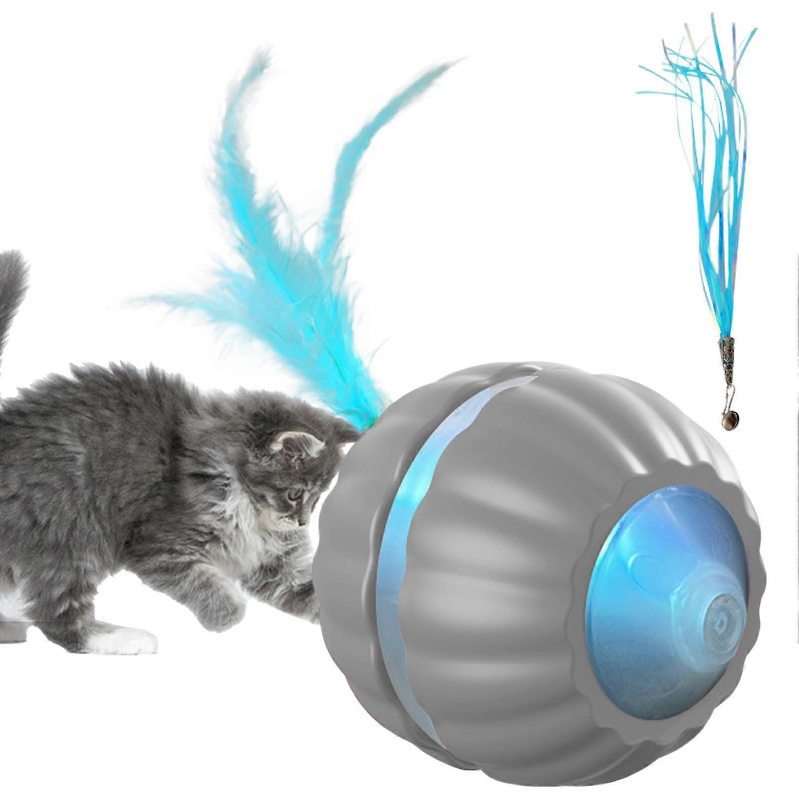 Interactive Cat Toy Ball with Smart Motion Activation, Feather Attachment, Adjustable Speeds, Grey