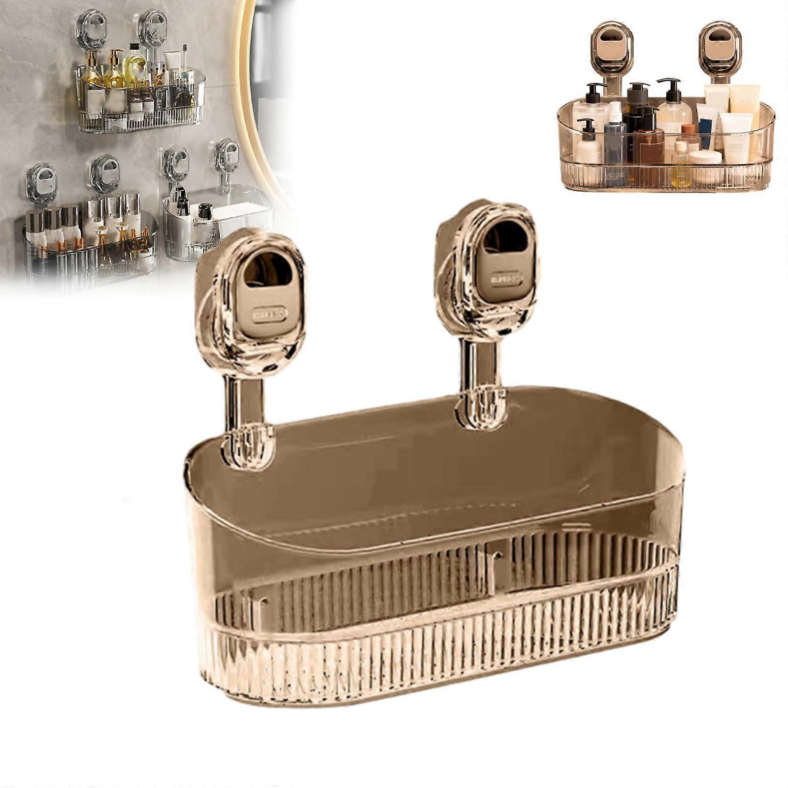 No Drill Shower Caddy with Quick Drainage, Bathroom Suction Cup Corner Wall Shelf Brown