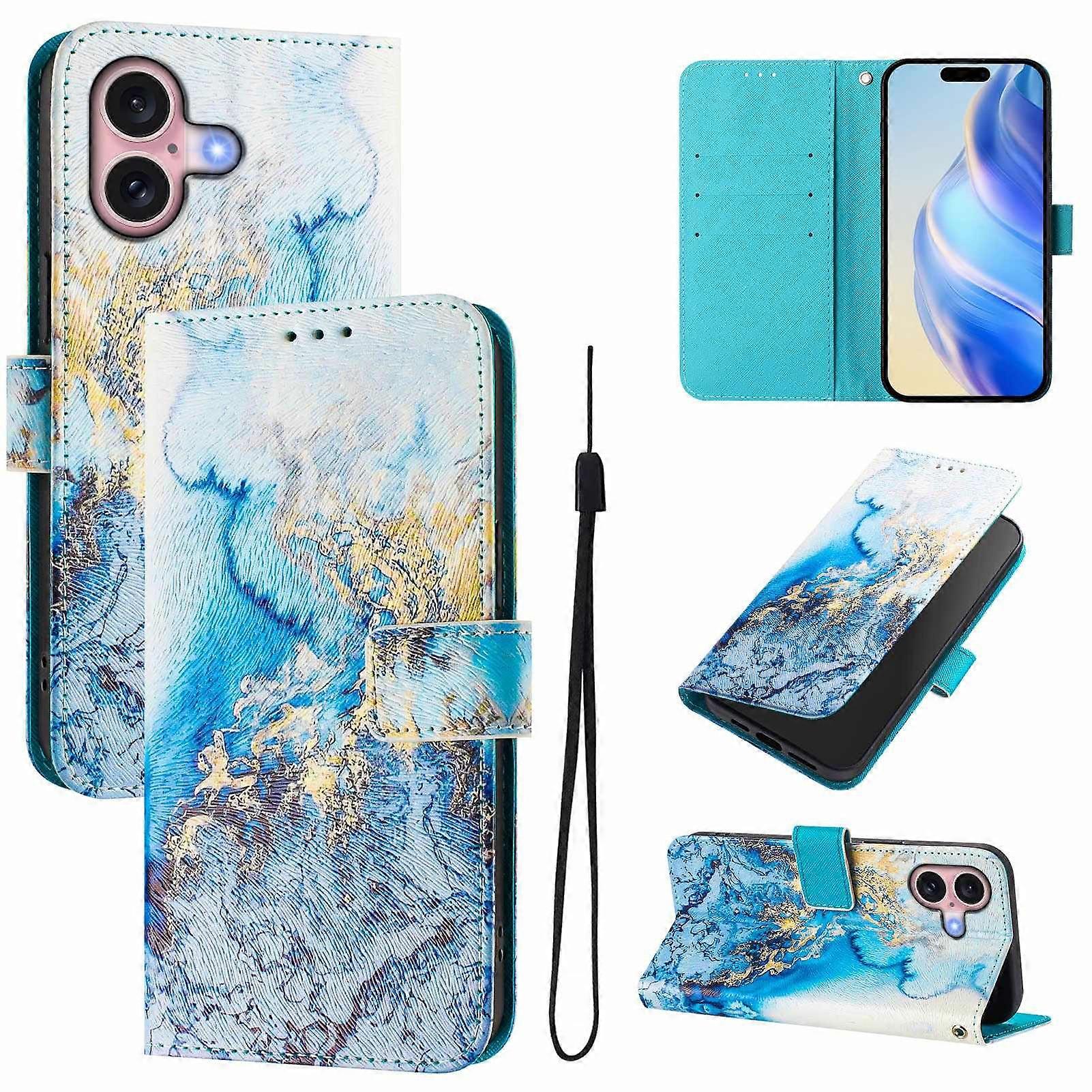 For iPhone 16 Case Pattern Printing Wallet Phone Cover with Strap