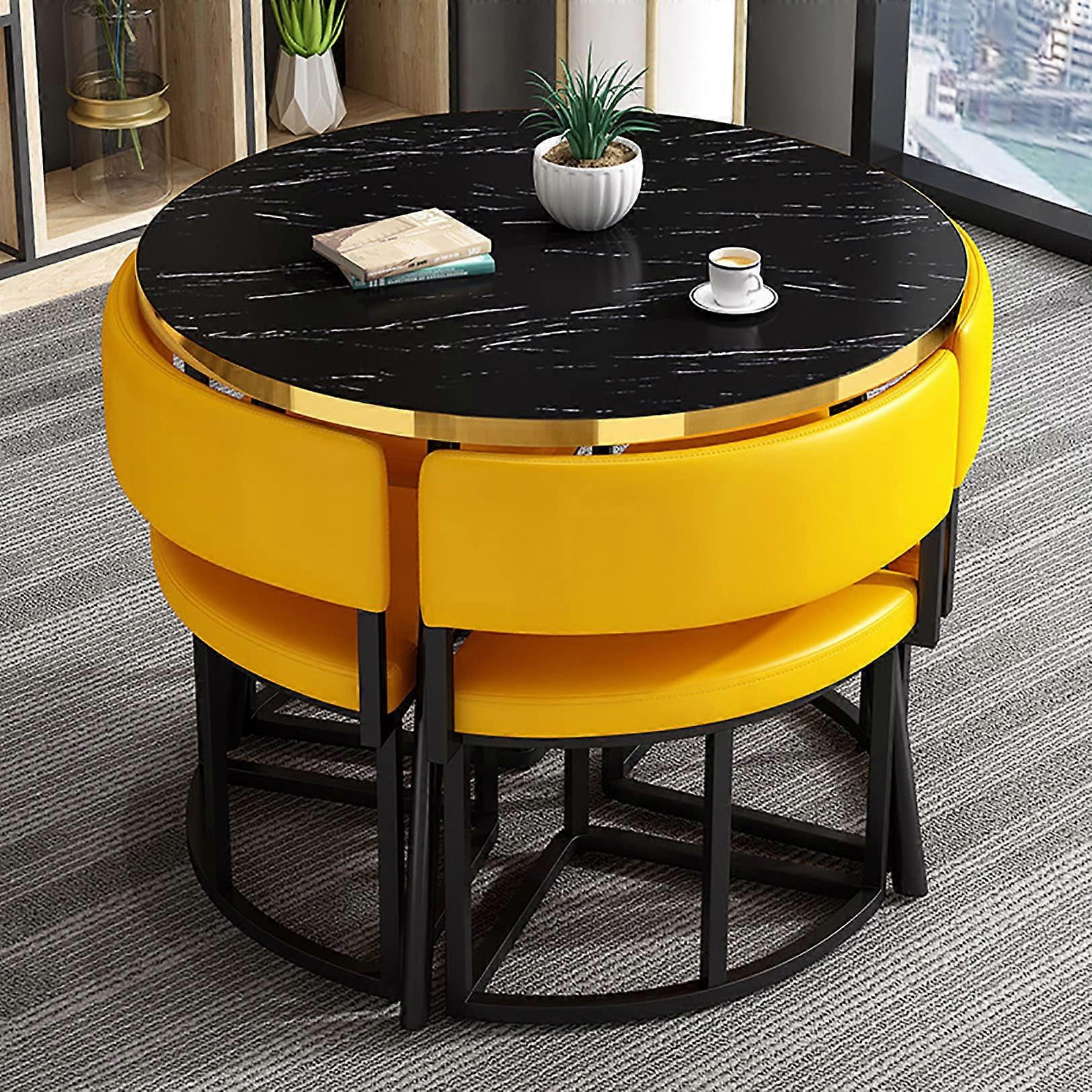 Round Marble Dining Table Set with 4 PU Backrest Chairs, Compact Modern Design for Kitchen or Small Conference Room