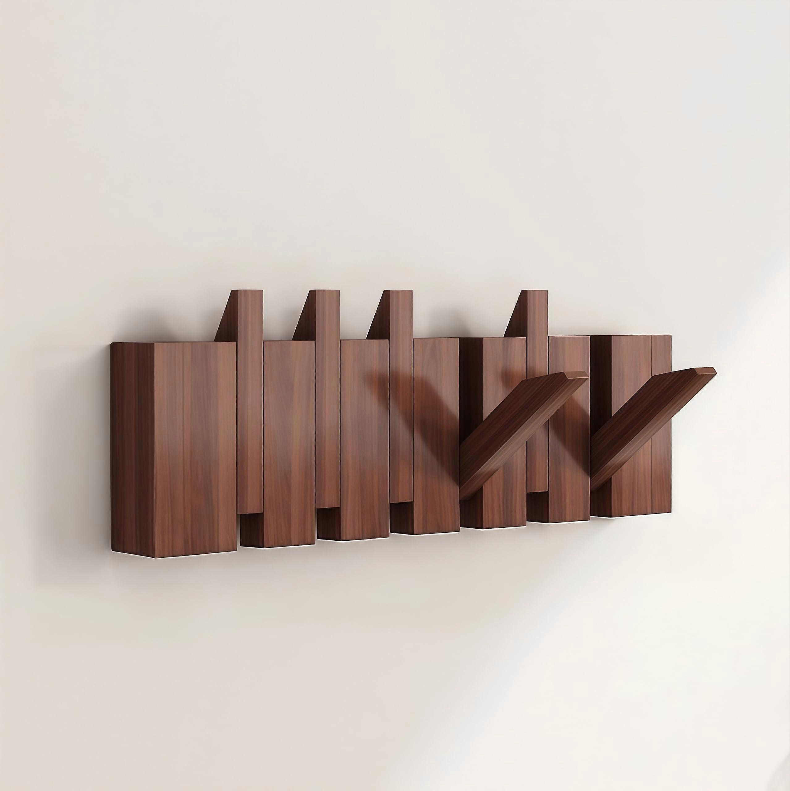 Walnut Wall Mounted Coat Rack with 6 Foldable Hooks for SpaceSaving Entryway Organization