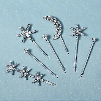 Conjunto de 7 Presilhas de Cabelo em Formato de Estrela, Banhadas a Ouro, com Strass, Flocos de Neve e Luas, Ideais para Casamentos e Festas.