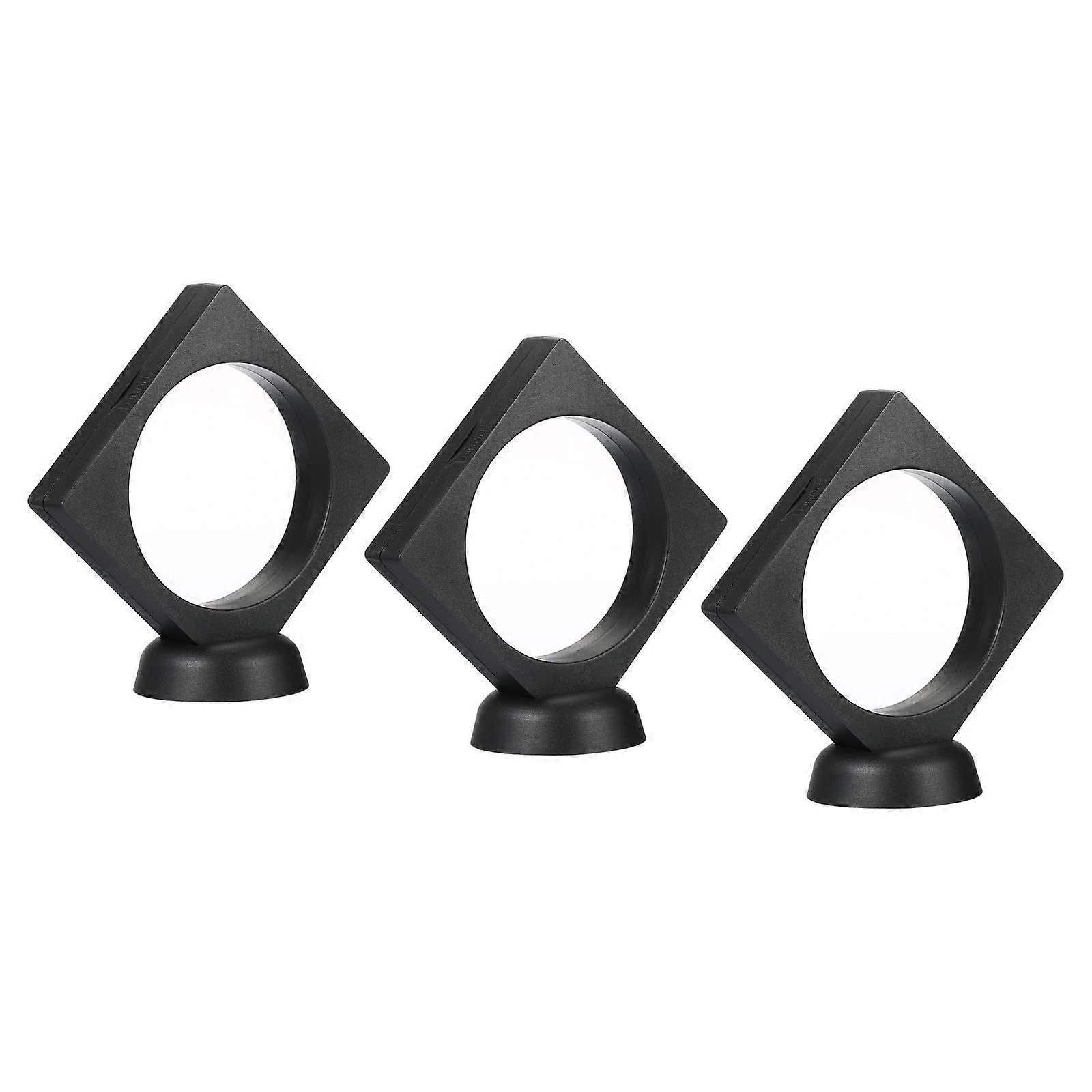 3.5' 3D Floating Coin Display Case Set, 3 Pack Round Frame Holder with Stand Base, Black