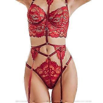 Sexy Lace Bra & Garter Set with Thongs Compatible Women Nightwear Qd