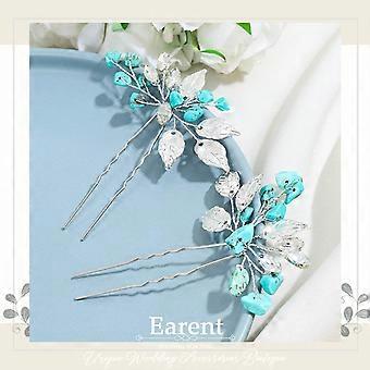 Türkisfarbene Haarnadeln für die Hochzeit, türkisfarbener Brauthaarschmuck für Damen (2er-Pack), Türkis, Silber